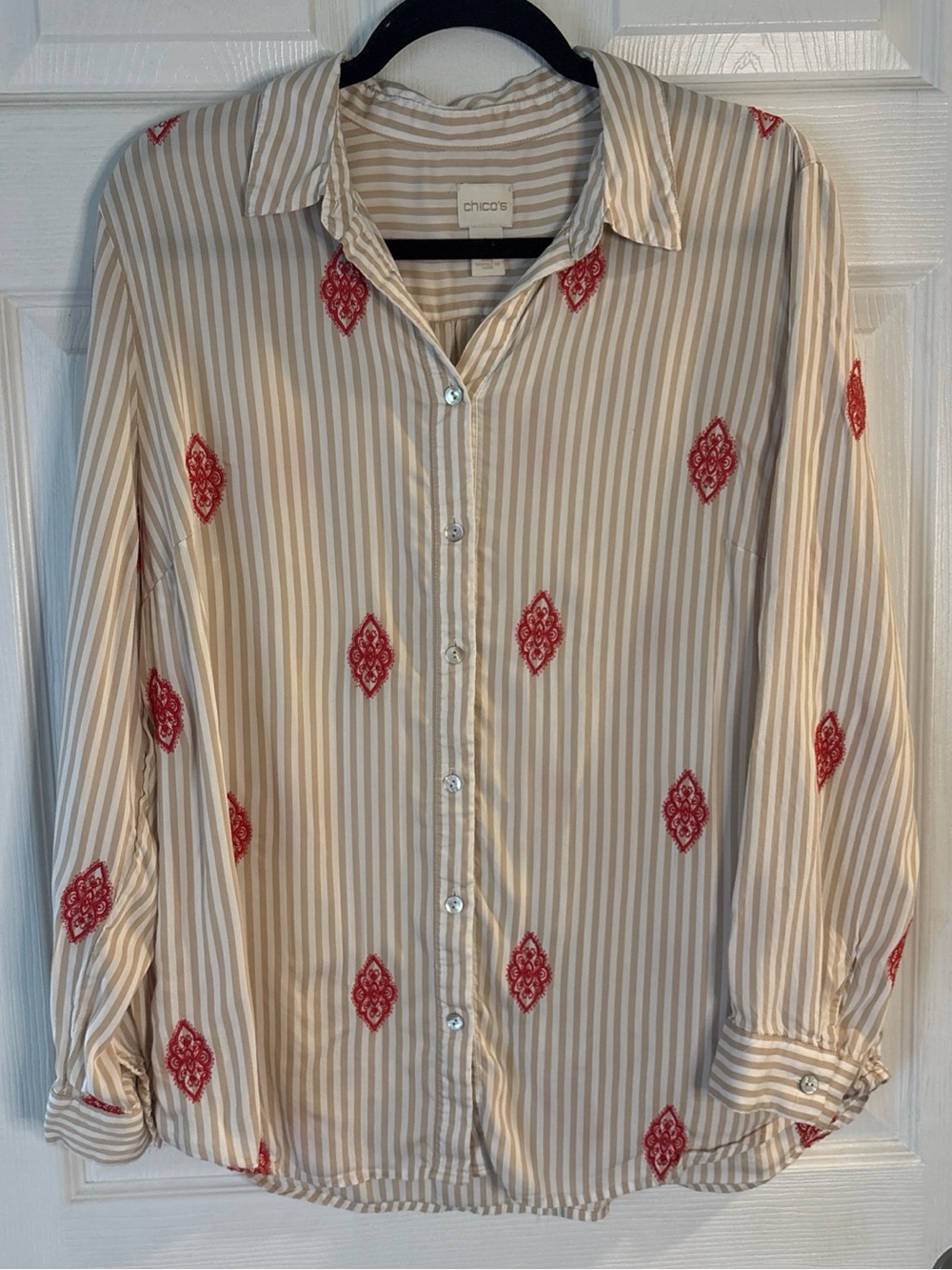 Chico's Beige Striped Button-Up Shirt with Red Embroidery Size 2 (12)